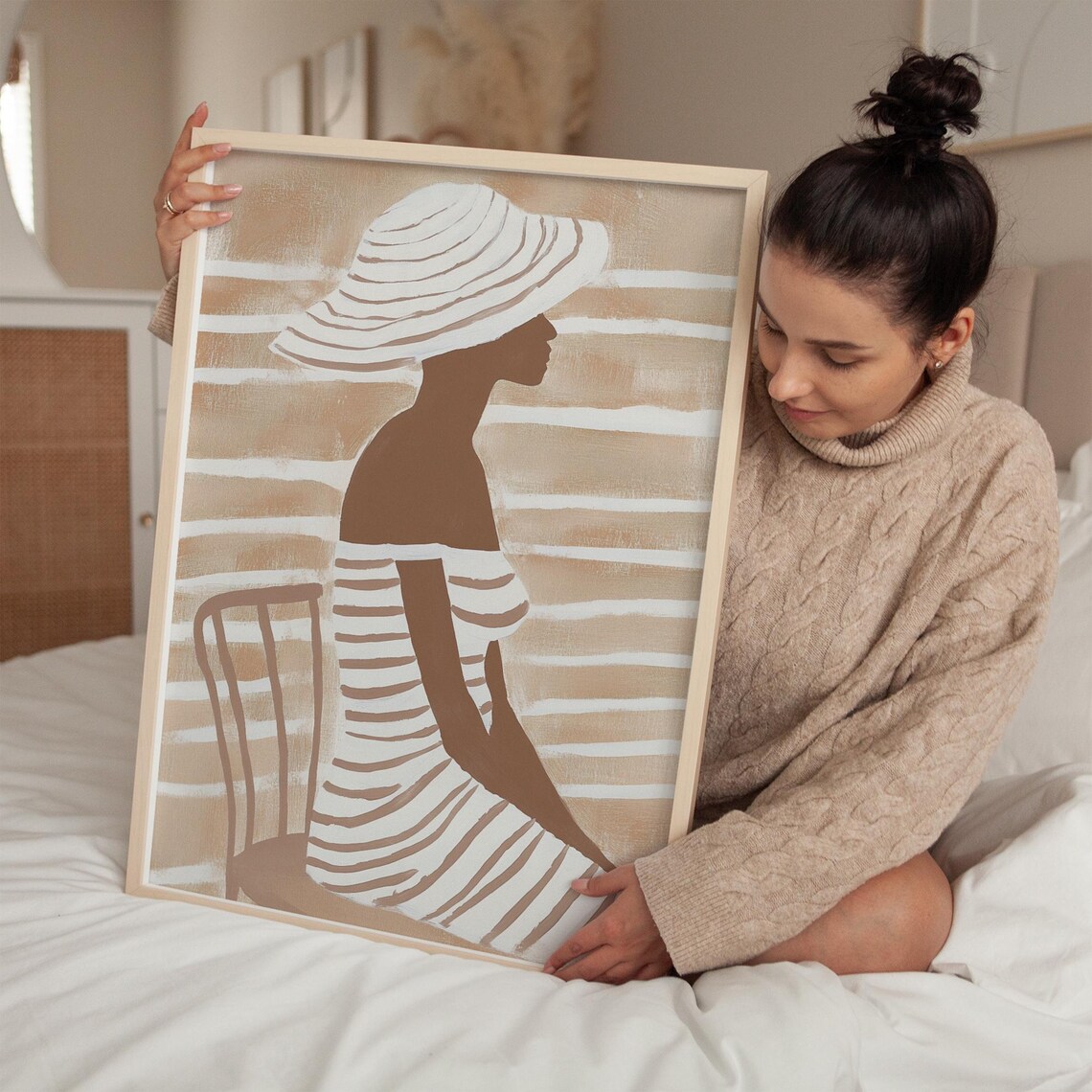 Seated Woman with Sun Hat Striped Dress Beige Abstract Art Poster - Image 2