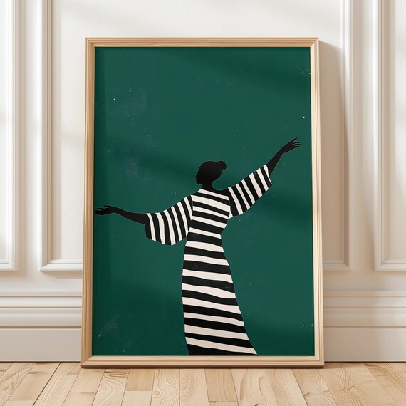 Woman with Arms Raised Striped Dress Emerald Green Silhouette Poster