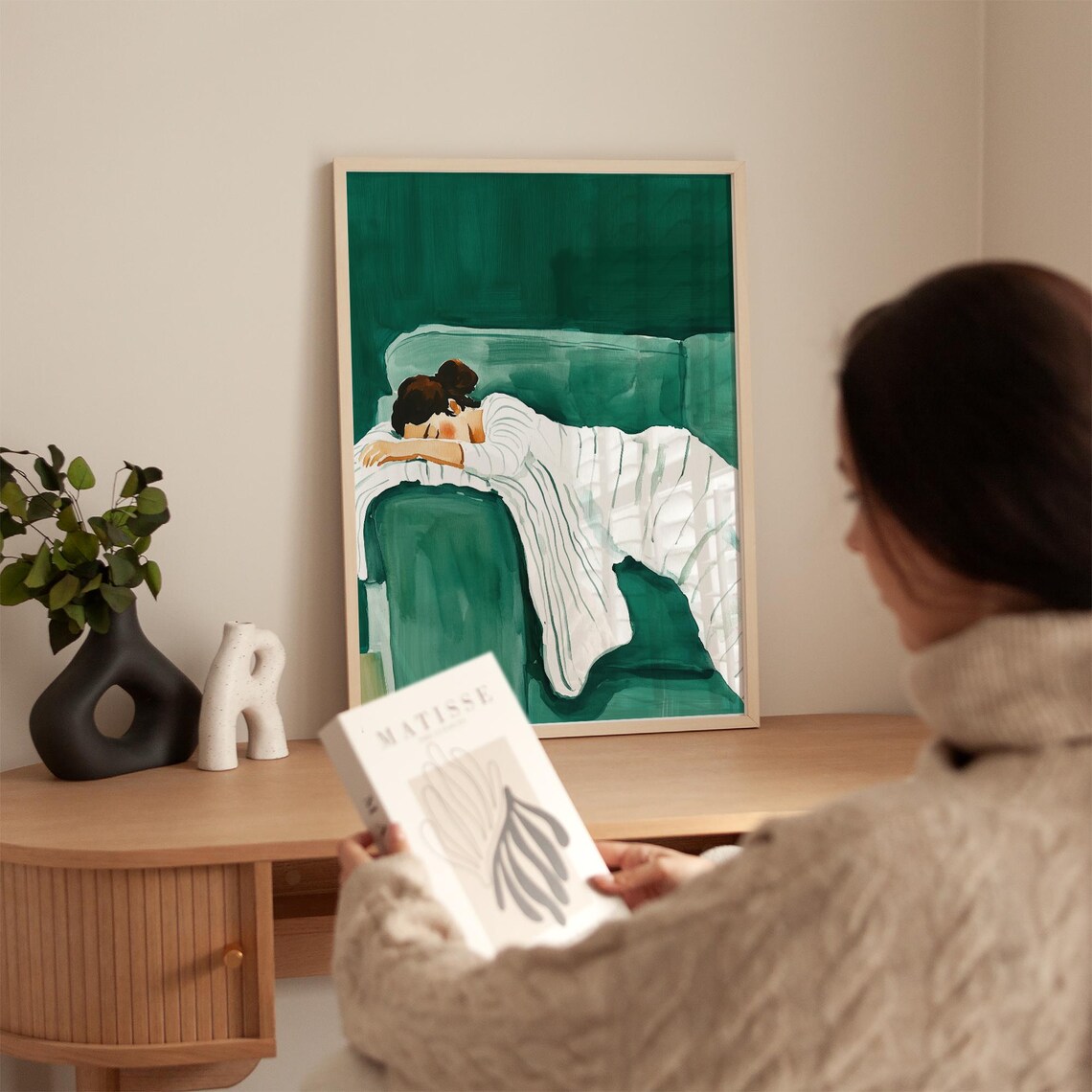 Sleeping Woman Draped Over Emerald Green Sofa Minimalist Watercolor Poster - Image 3