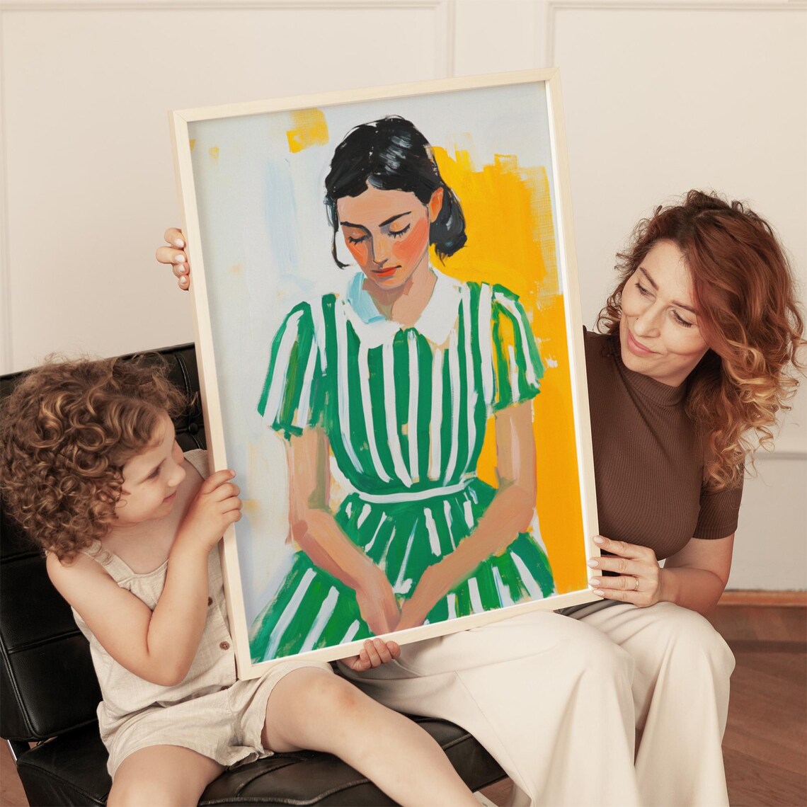 Seated Woman in Green Striped Dress Yellow Background Poster - Image 5