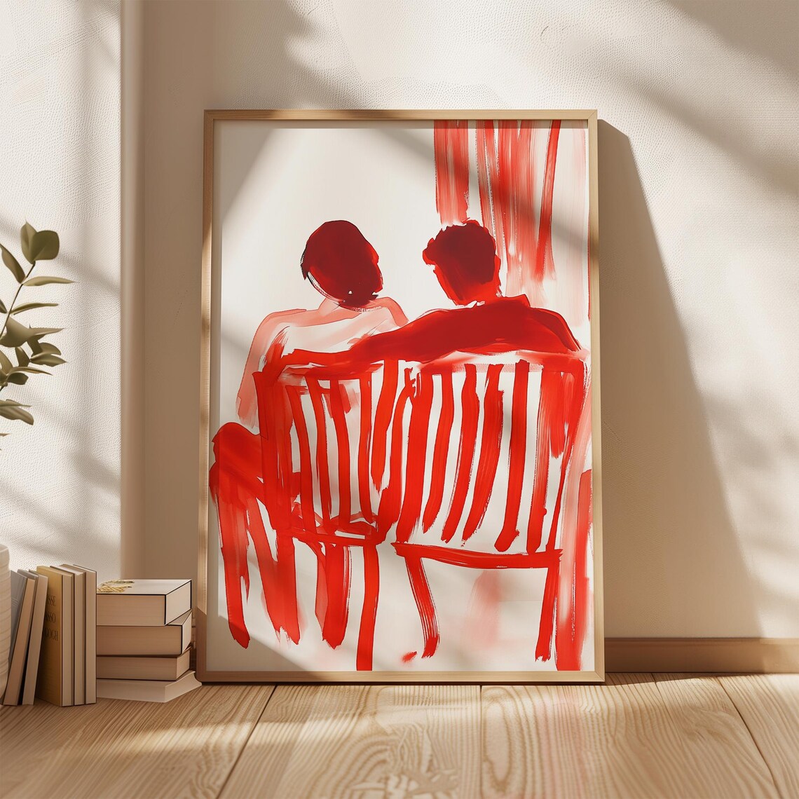 Couple On Red Bench, Minimalist Watercolor Art Print - Image 4