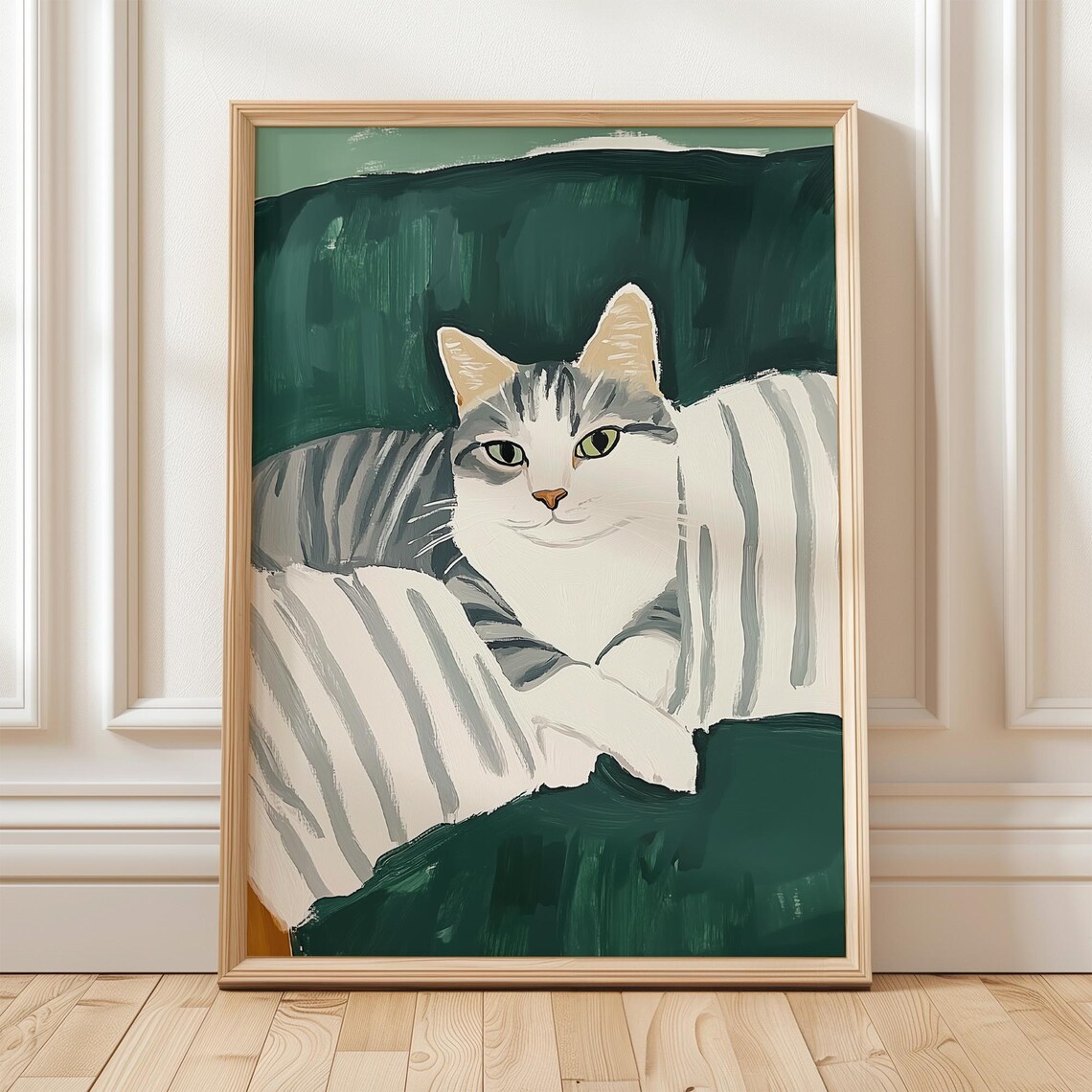 Striped Cat On Green Sofa, Cozy Minimalist Art Print