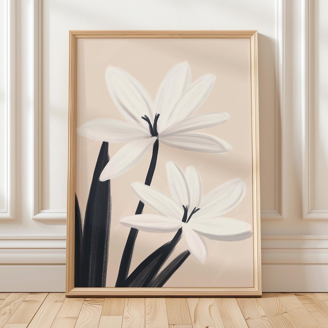 White Flower Wall Art Beige Botanical Print Minimalist Floral Poster Black Stem Illustration Modern Neutral Decor Artwork