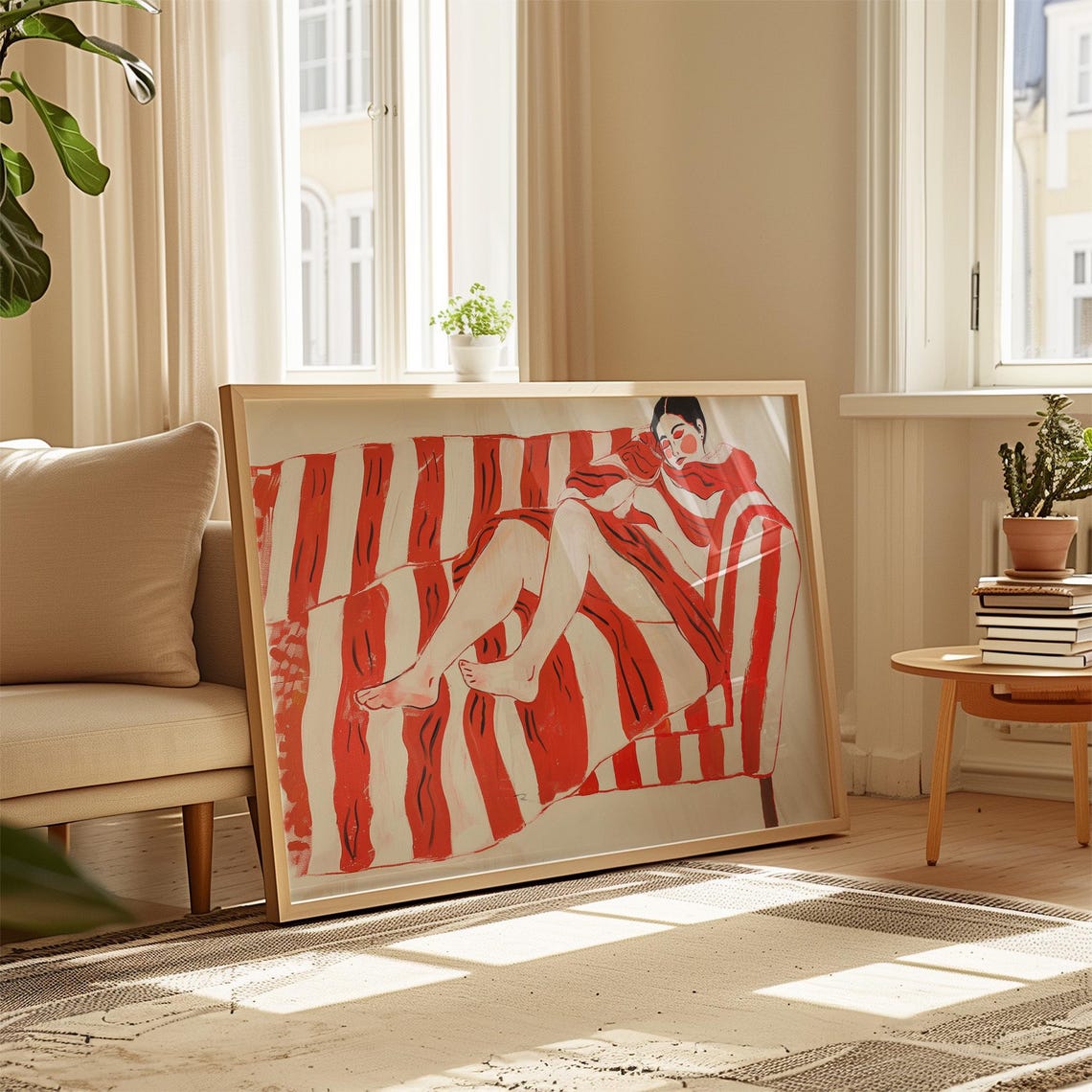 Abstract Striped Woman On Couch Modern Minimalist Wall Art Bold Red White Print Contemporary Artwork For Home Decor - Image 3