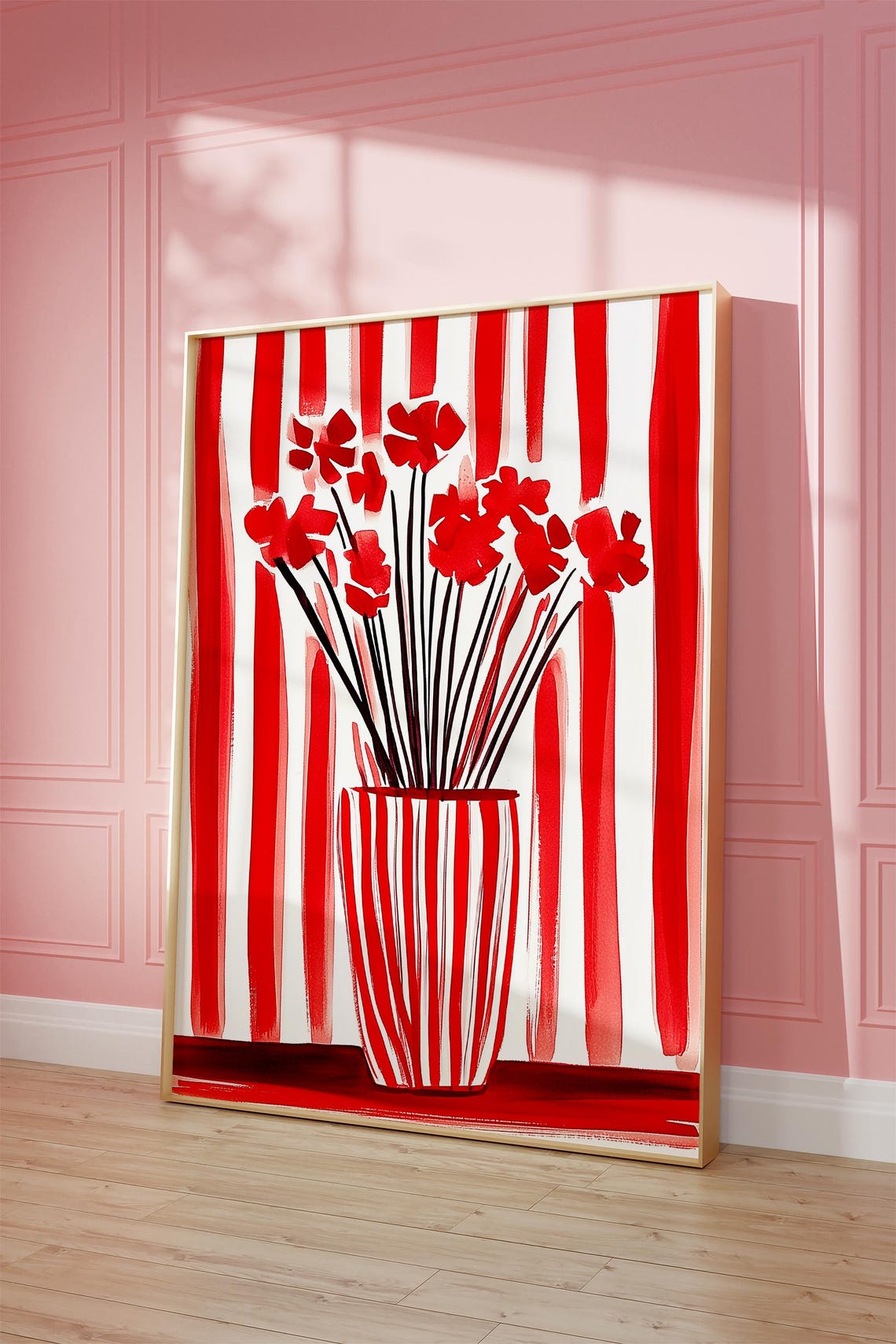 Red Striped Flower Vase Art Minimalist Wall Print Modern Floral Abstract Poster Bold Red Artwork Contemporary Home Decor - Image 5