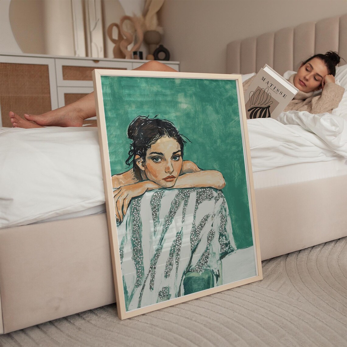 Contemplative Woman Portrait Green And Glitter Modern Art Poster - Image 2
