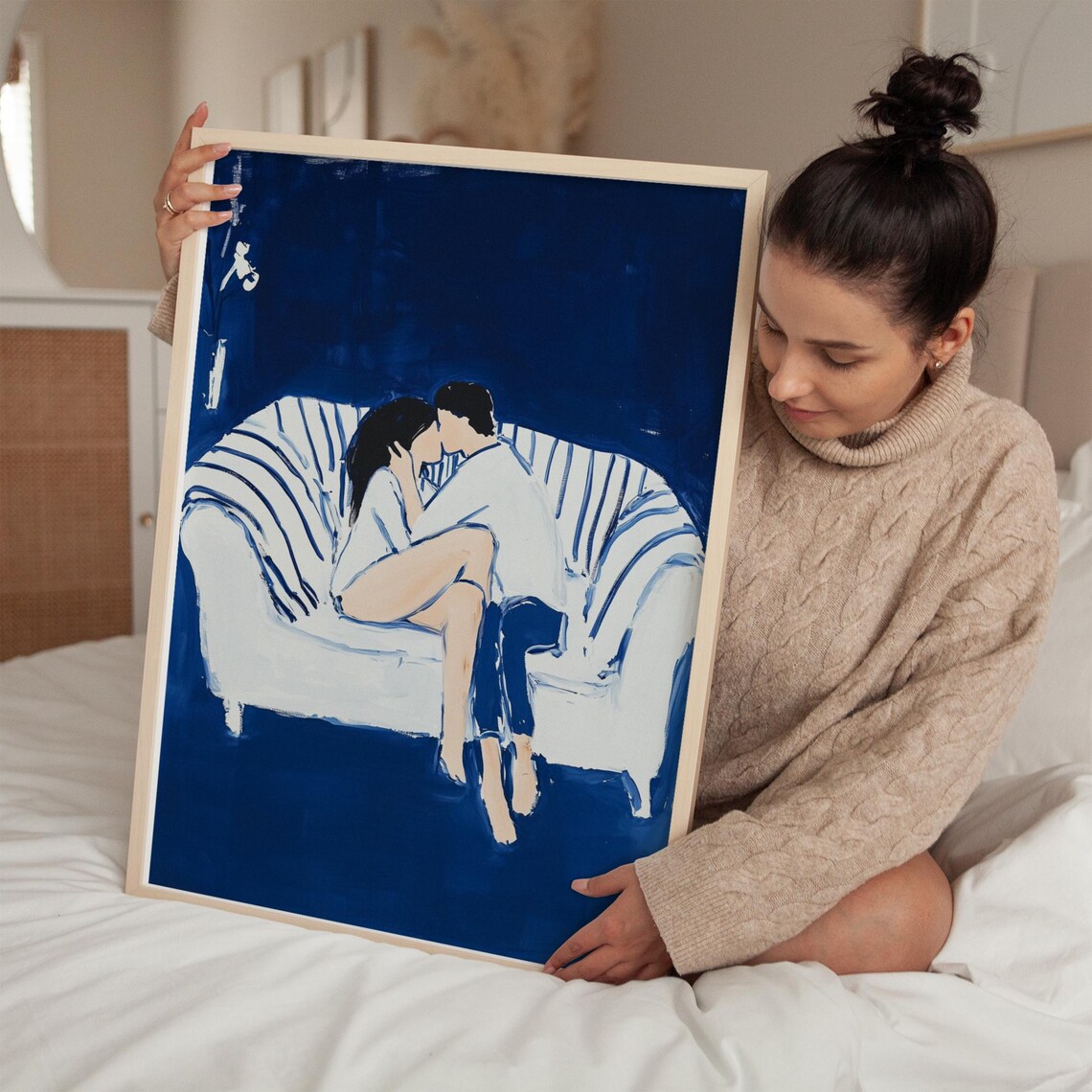 Romantic Couple Kissing on Striped Couch Midnight Blue Art Print - Image 5