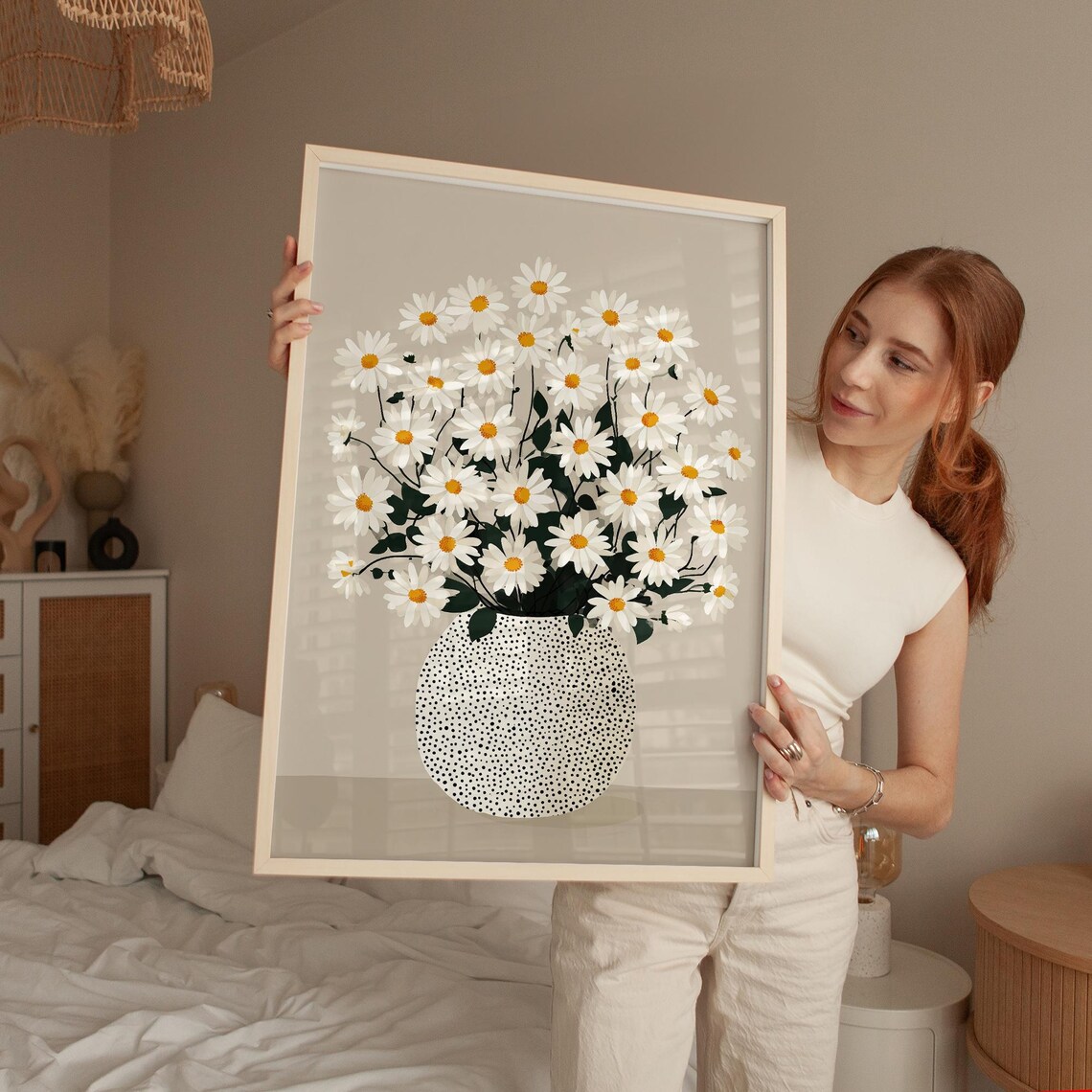 Daisy Flower Vase Poster, Minimalist Botanical Art