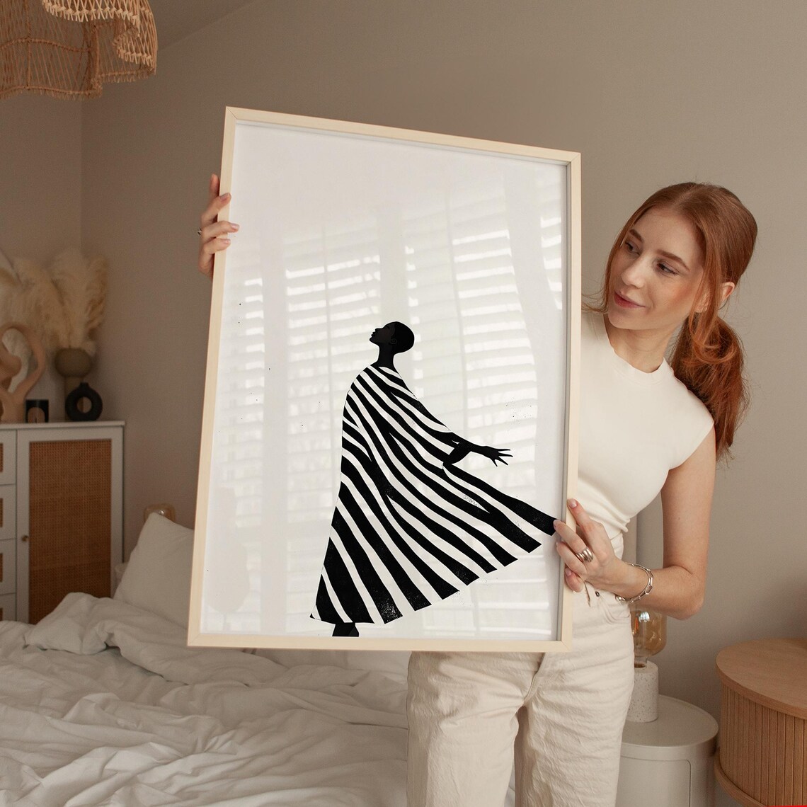 Elegant Black Silhouette Woman in Striped Flowing Dress Poster - Image 5