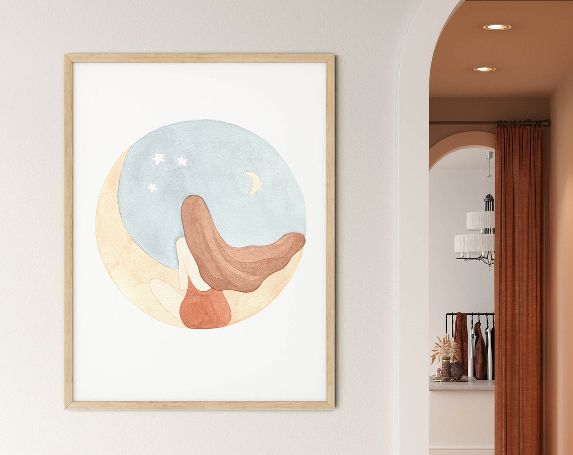 Boho Watercolor Woman and Crescent Moon Celestial Decorative Poster - Image 3