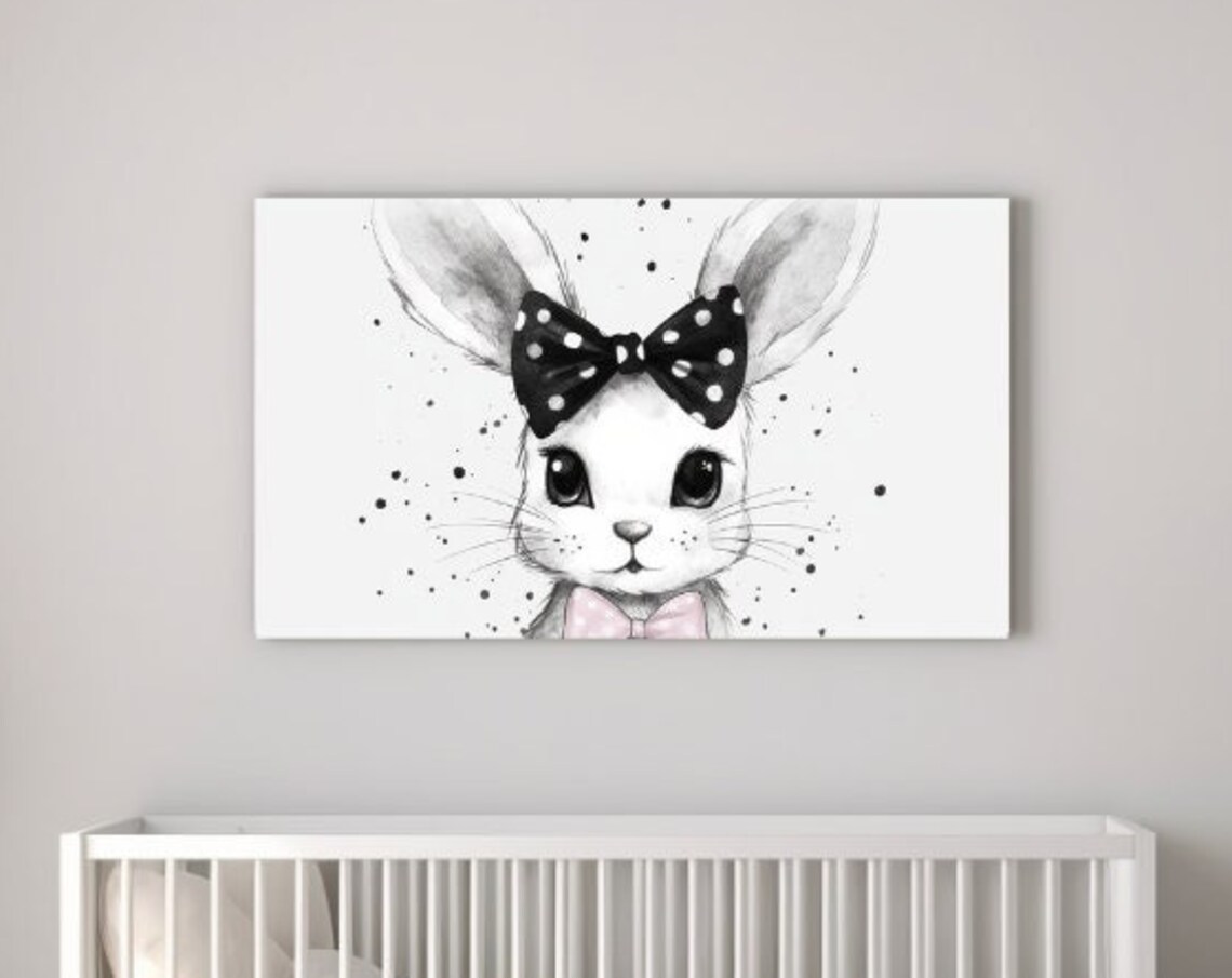 Baby Bunny with Polka Dot Hair Bow Black White Nursery Poster