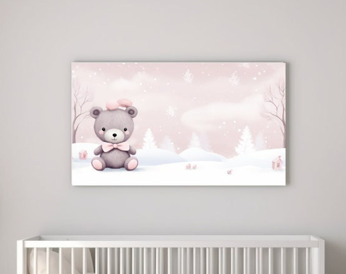 Teddy Bear with Pink Bow Snowy Winter Landscape Nursery Wall Poster