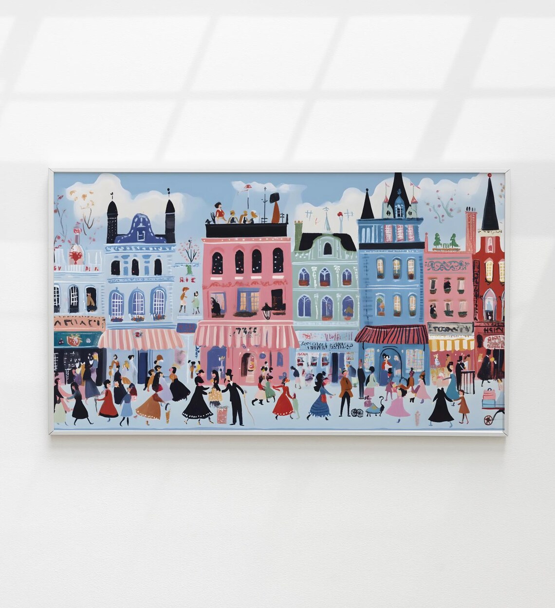Whimsical Colorful City Street Scene Bustling Town Illustration Poster