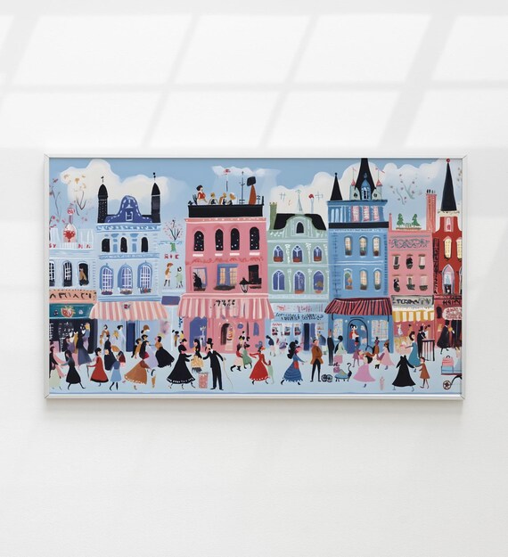 Whimsical Colorful City Street Scene Bustling Town Illustration Poster