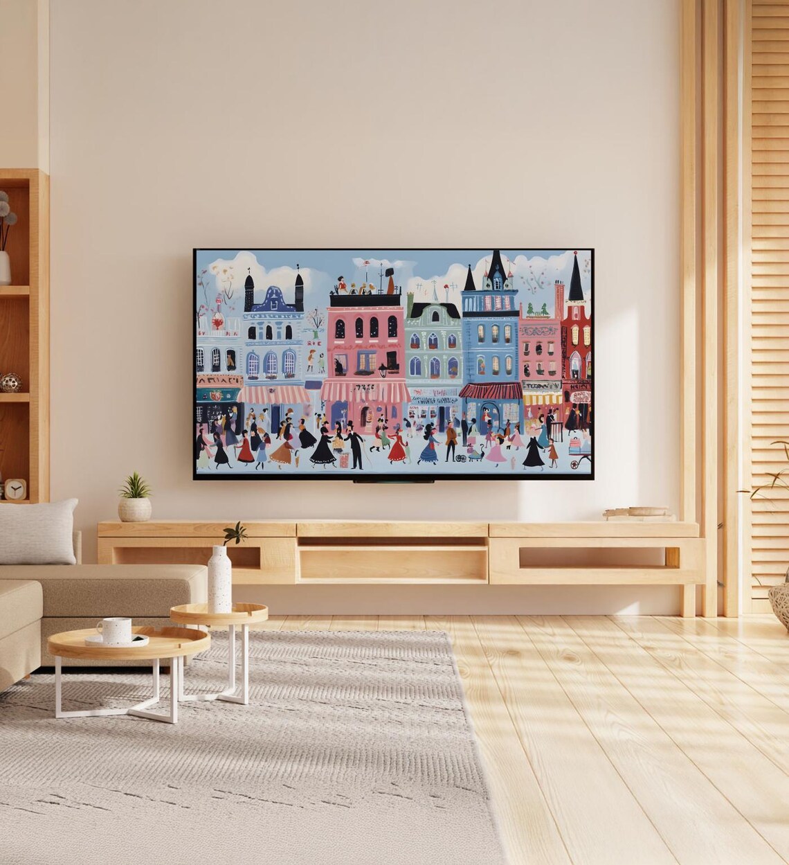 Whimsical Colorful City Street Scene Bustling Town Illustration Poster - Image 7