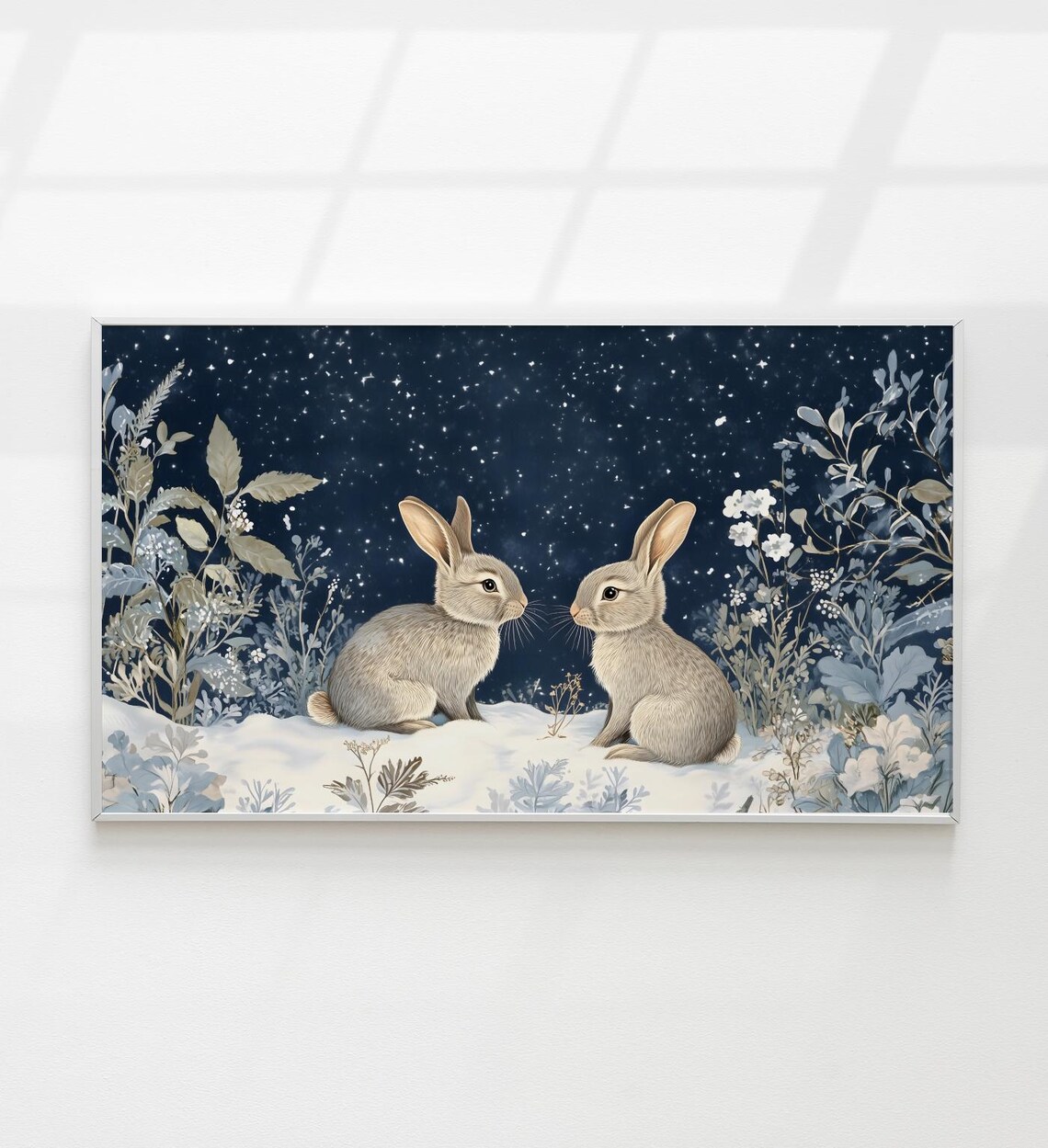 Two Rabbits Winter Night Starry Snow Sweet Bunny Painting Art Poster
