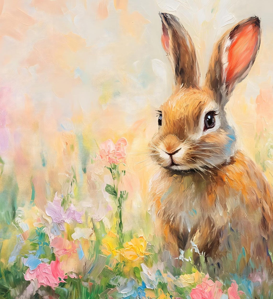 Cute Bunny Rabbit Colorful Wildflower Meadow Easter Painting Poster - Image 6