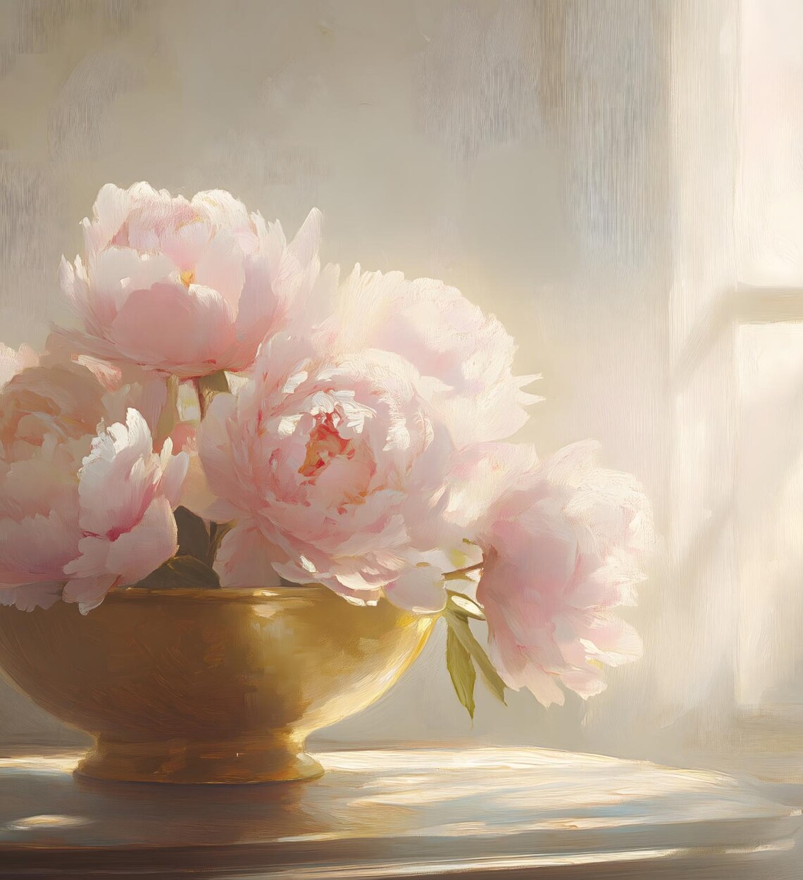 Pink Peonies Golden Bowl Sunlit Window Still Life Painting Poster - Image 6