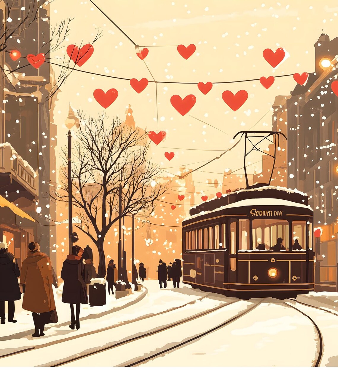 Snowy City Tram Street Red Hearts Valentine Winter Illustration Poster - Image 7