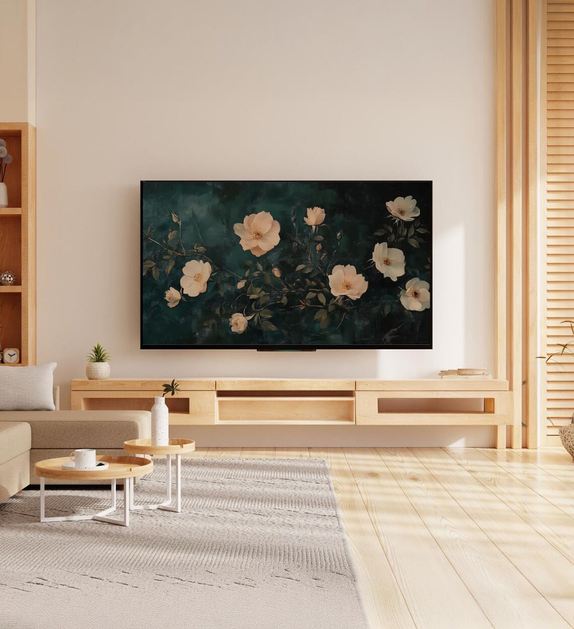 Peach Wild Roses Dark Green Vintage Botanical Oil Painting Art Poster - Image 7