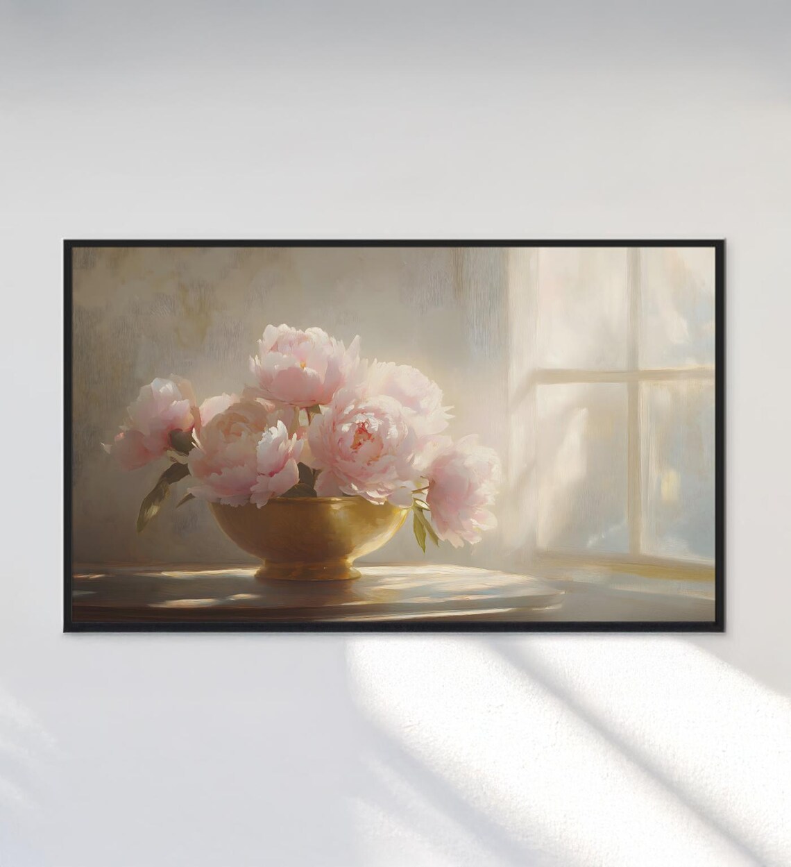 Pink Peonies Golden Bowl Sunlit Window Still Life Painting Poster - Image 3