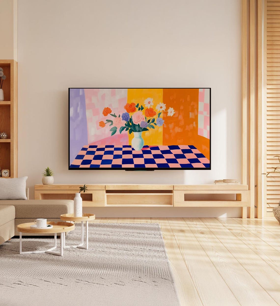 Colorful Flowers Vase Checkered Table Bold Modern Still Life Poster - Image 7