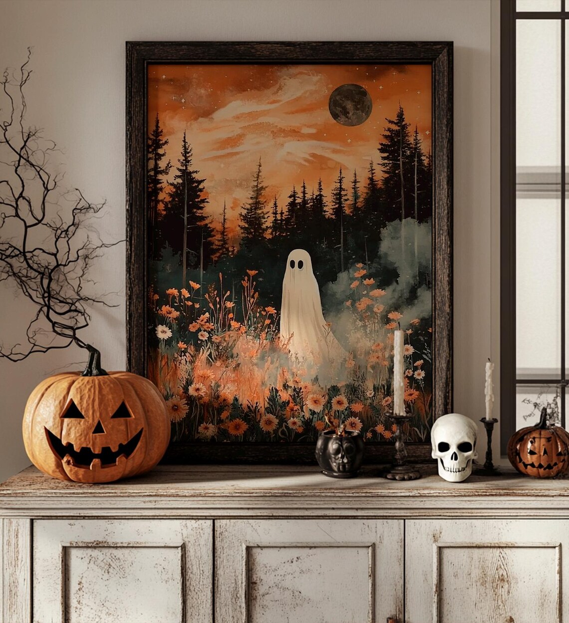 Ghost In Enchanted Wildflower Forest Meadow Moonlit Halloween Art Print - Image 4
