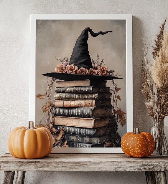 Witch Hat With Roses On Stack Of Vintage Spell Books Halloween Print