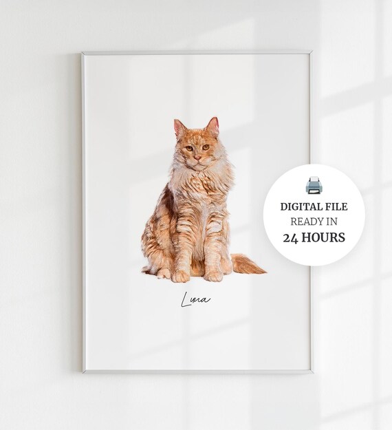 Custom Pet Portrait Personalized Long Haired Cat Name Art Print Poster