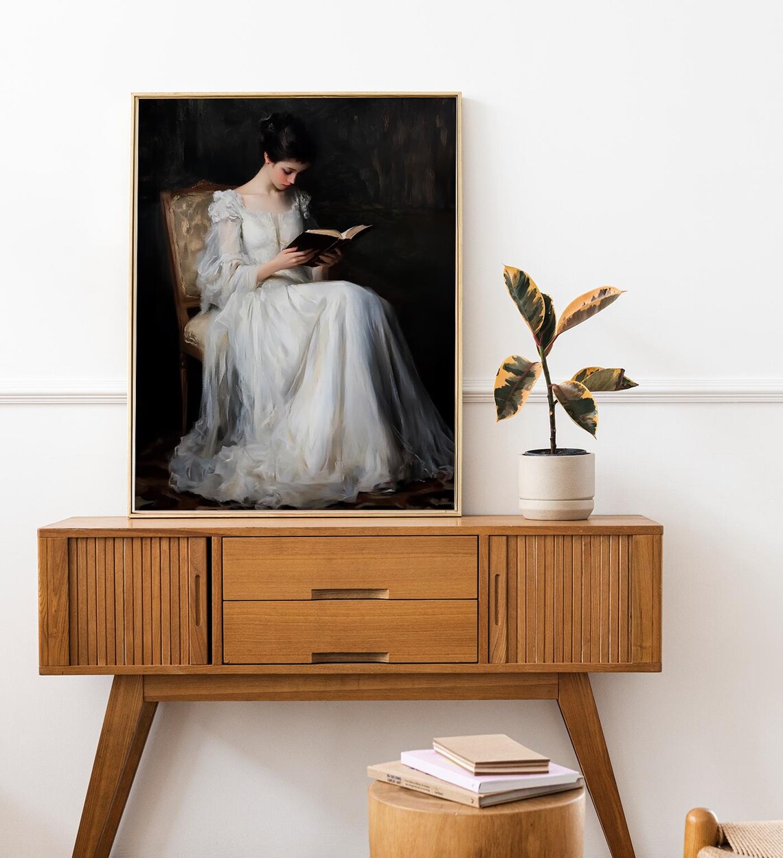 Vintage Woman Reading Book White Dress Classical Oil Painting Art Poster - Image 7