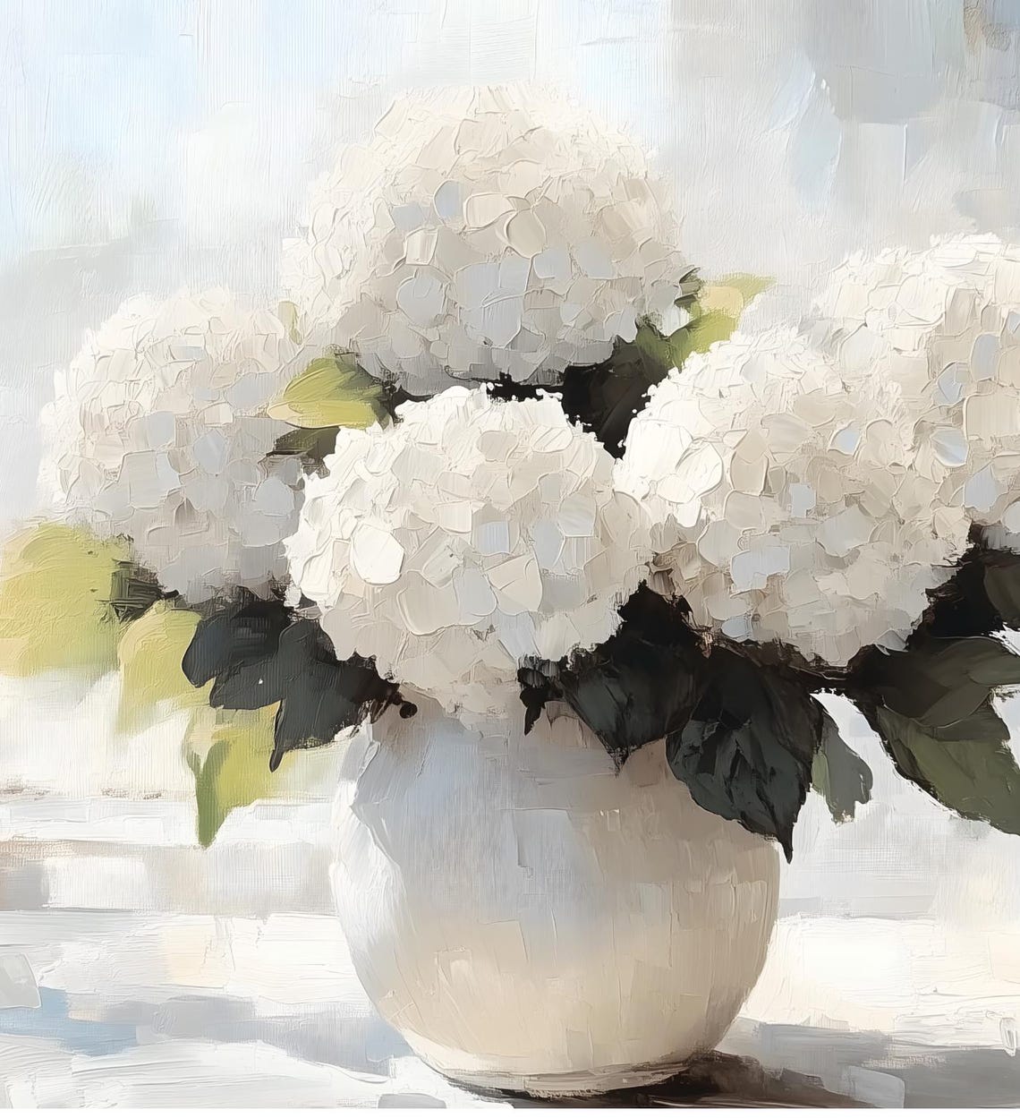 White Hydrangeas Vase Window Light Neutral Still Life Painting Poster - Image 6