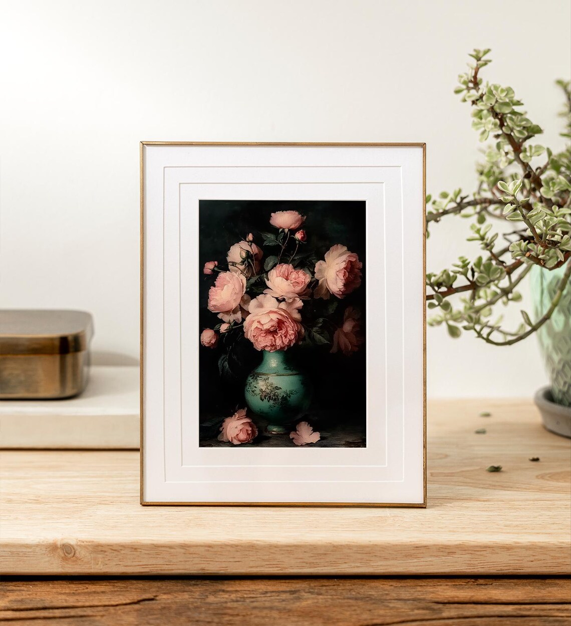 Moody Pink Roses Green Vase Dark Floral Still Life Vintage Art Poster - Image 5