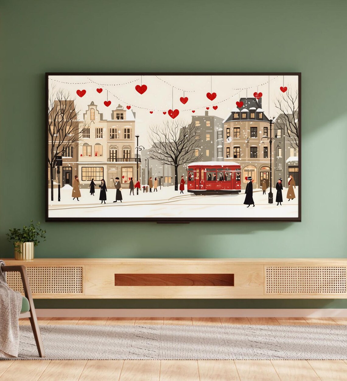Retro Valentines Day Snowy City Street Tram Red Hearts Art Poster - Image 5