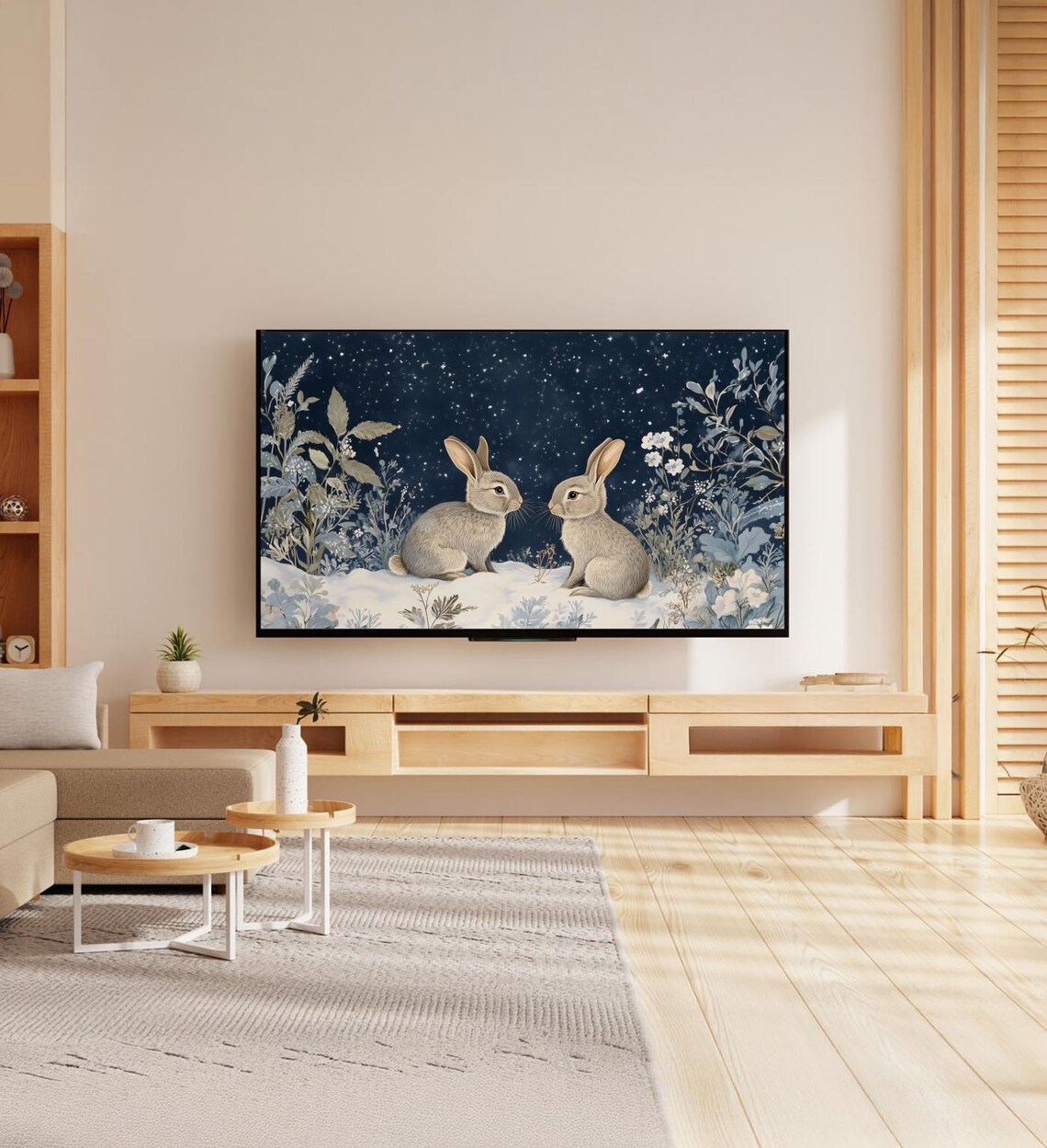 Two Rabbits Winter Night Starry Snow Sweet Bunny Painting Art Poster - Image 6