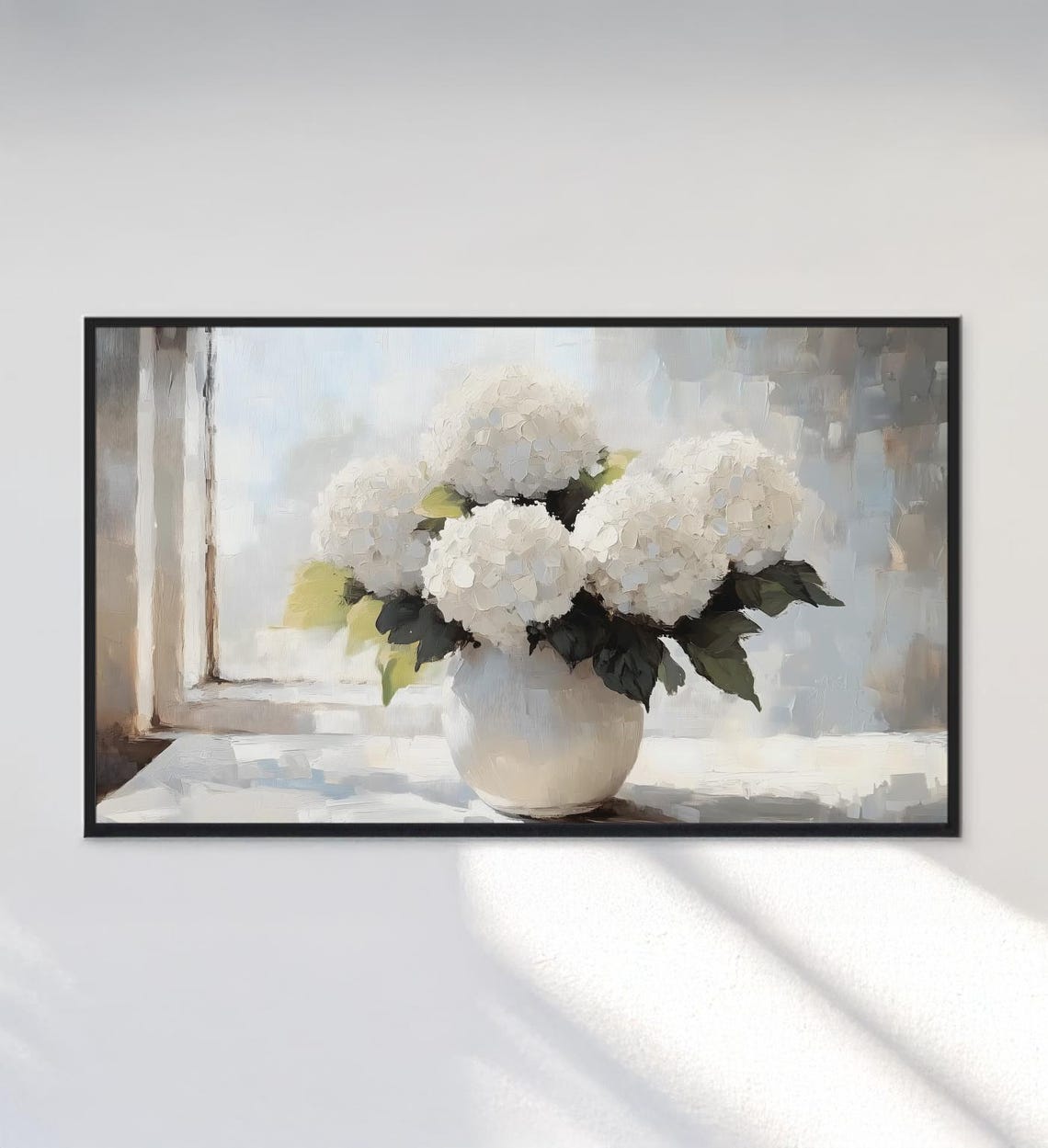 White Hydrangeas Vase Window Light Neutral Still Life Painting Poster - Image 3
