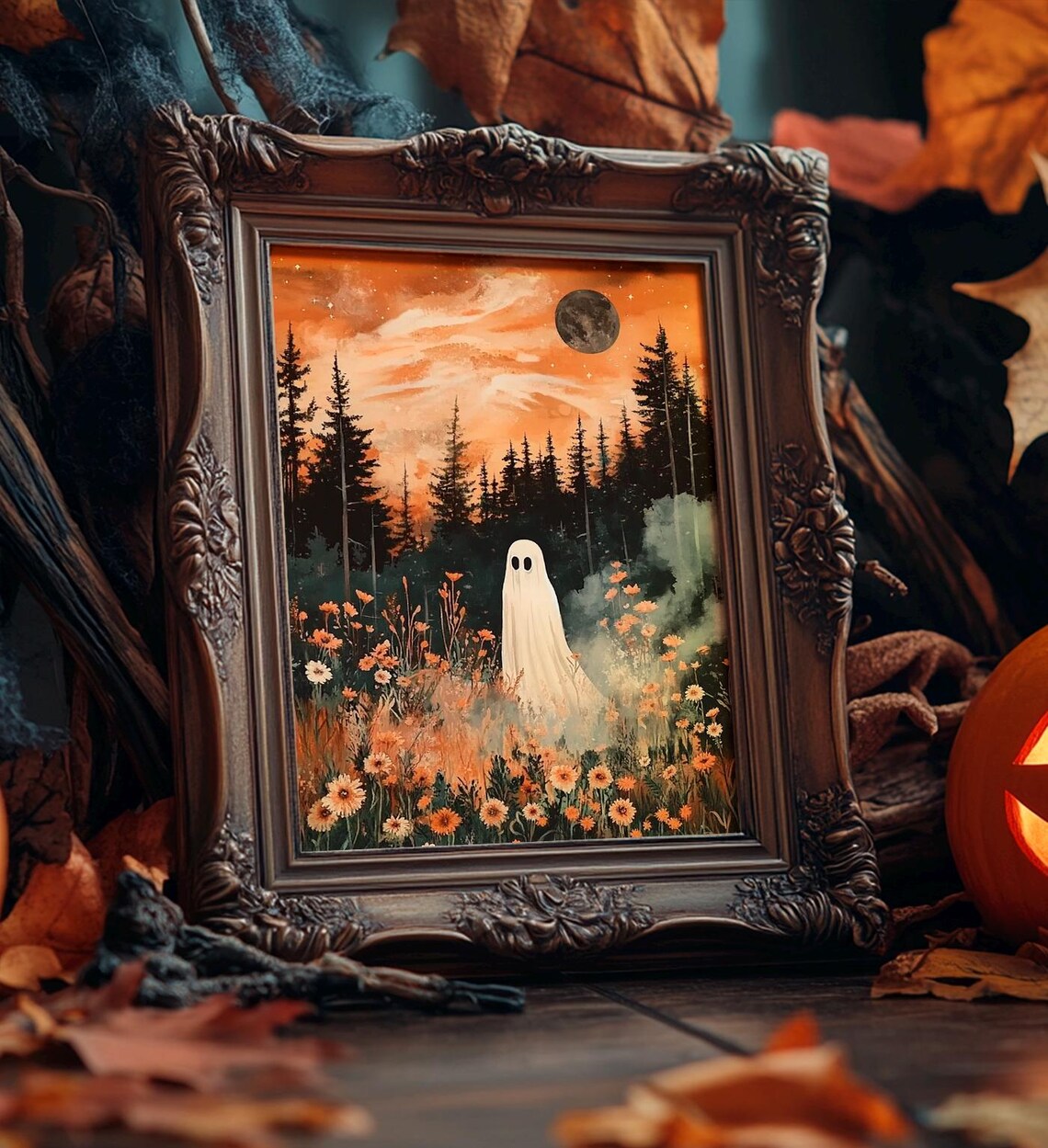 Ghost In Enchanted Wildflower Forest Meadow Moonlit Halloween Art Print - Image 5