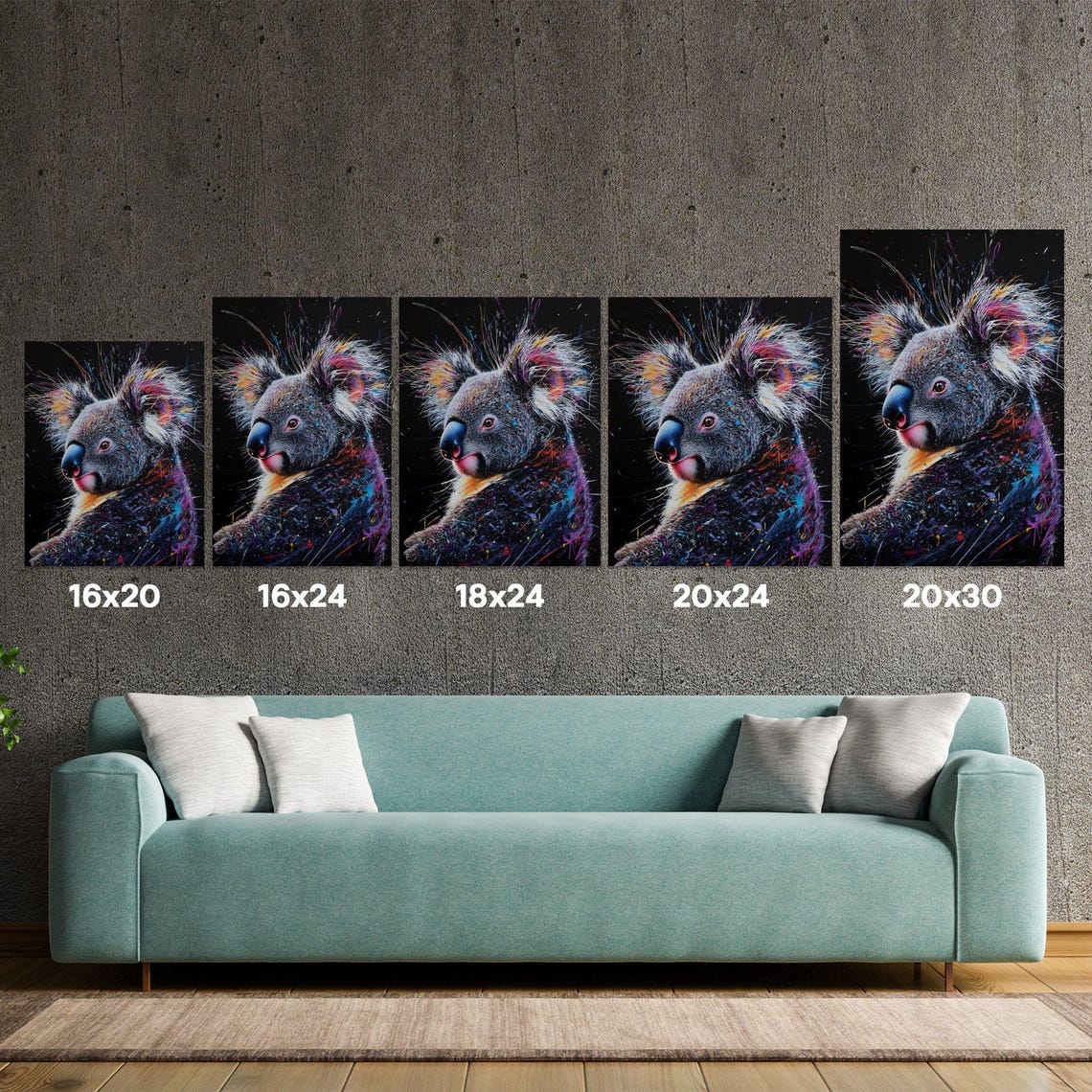 Playful Koala Side Profile Splash Art Black Canvas Animal Wall Art - Image 5