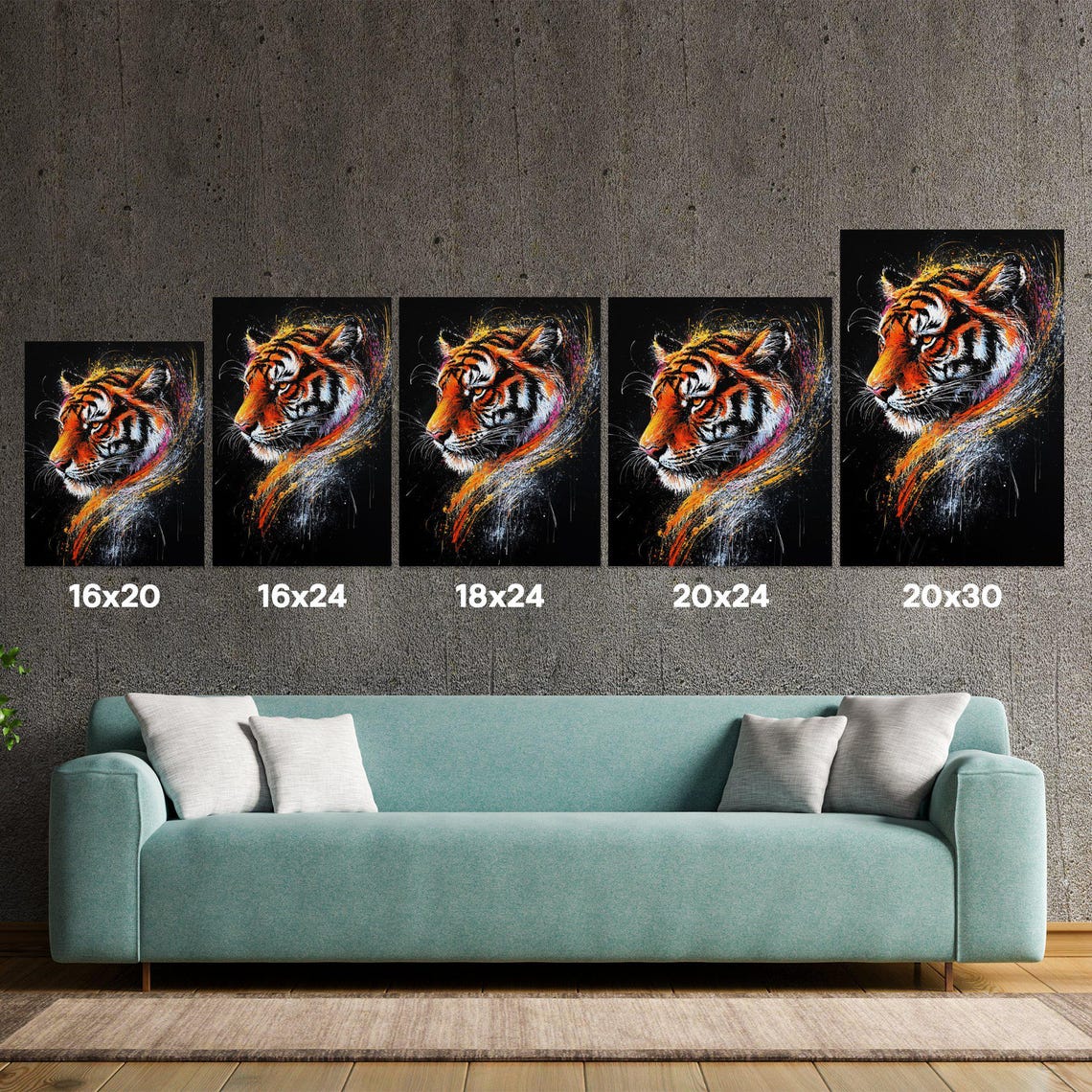 Majestic Tiger Splash Art Profile Black Canvas Wildlife Poster - Image 5