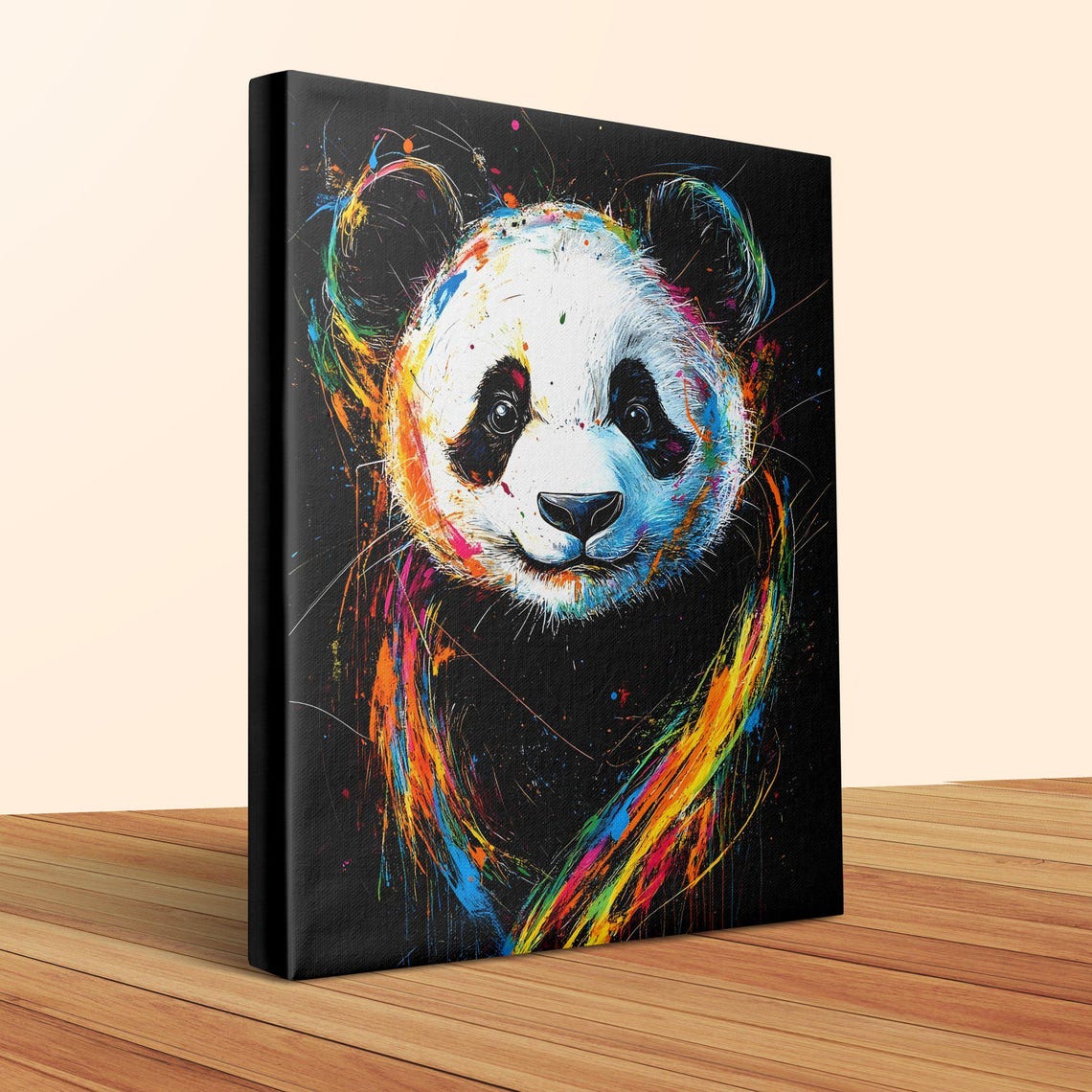 Cute Panda Front Face Paint Splash Black Canvas Wildlife Poster