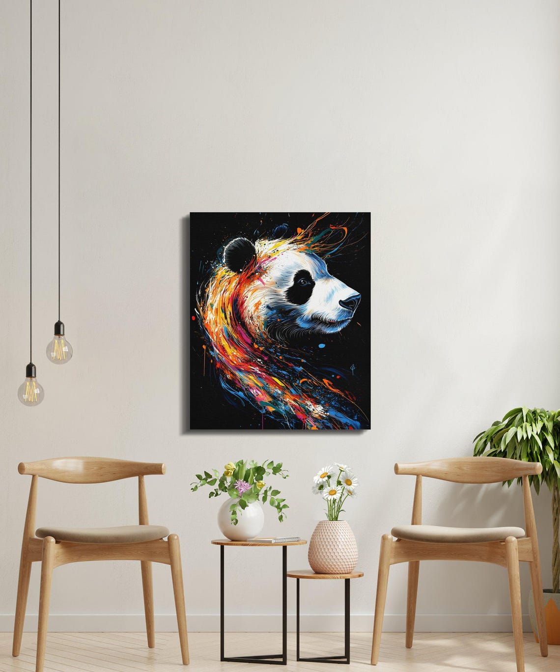 Panda Profile Rainbow Swirl Splash Painting Black Canvas Poster - Image 4