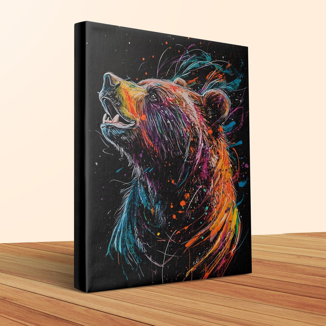 Colorful Bear Head Portrait Abstract Splash Art Canvas Wall Art