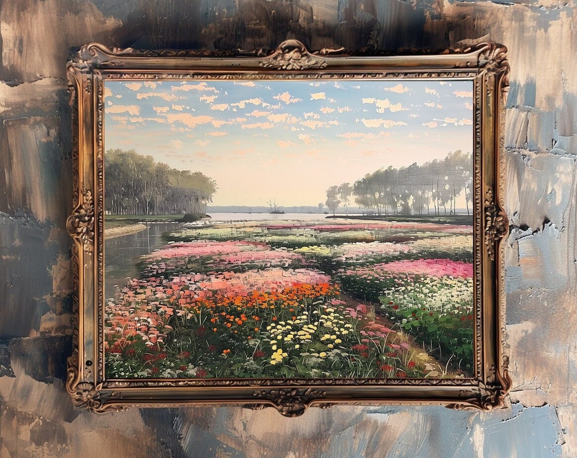Colorful Flower Fields By a River Under a Wide Cloudy Sky Poster