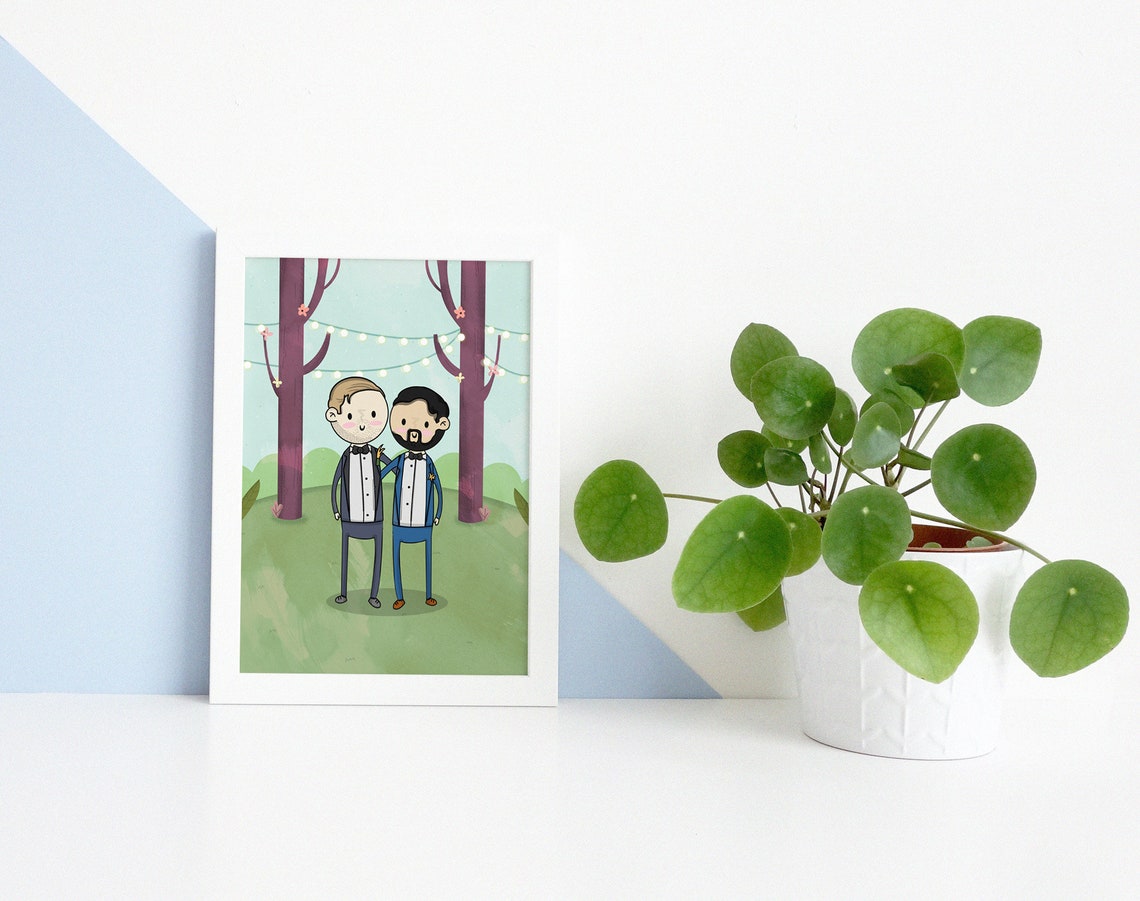 Cartoon Wedding Portrait of Bride and Groom Under Forest String Lights Poster - Image 2
