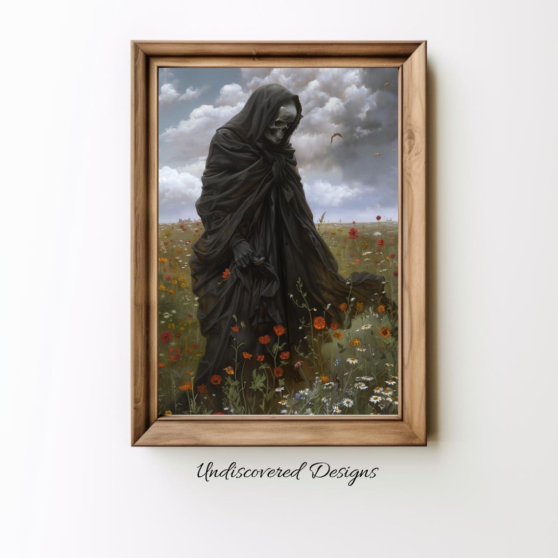 Grim Reaper Walking Through Wildflower Meadow Dark Art Poster