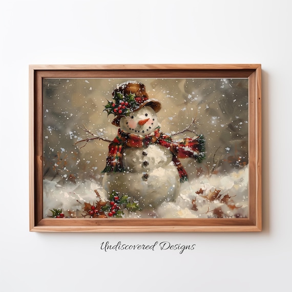 Snowman In Snowstorm With Holly Hat And Plaid Scarf Winter Poster