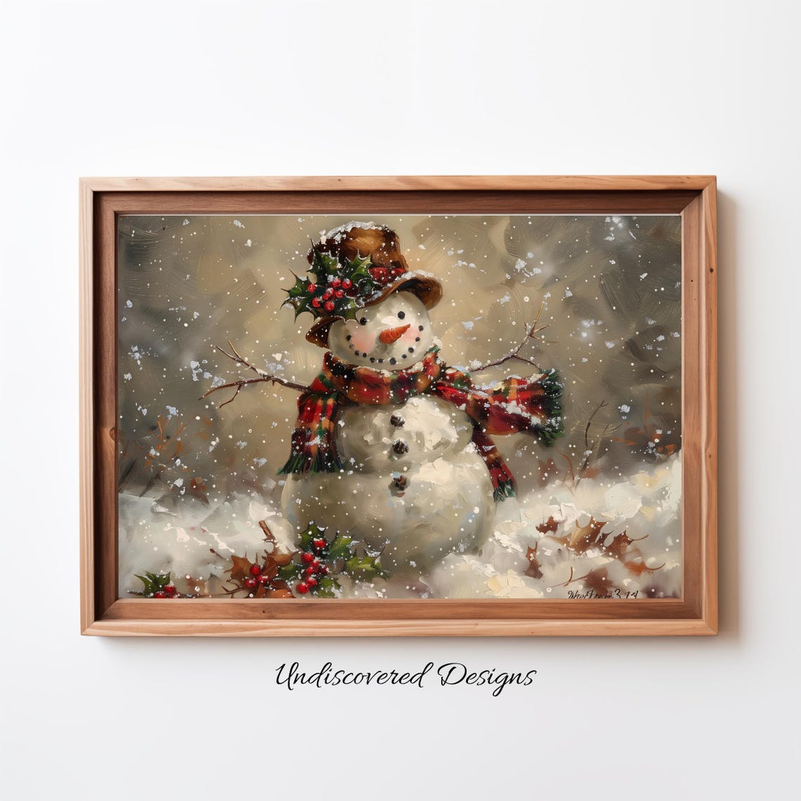Snowman In Snowstorm With Holly Hat And Plaid Scarf Winter Poster