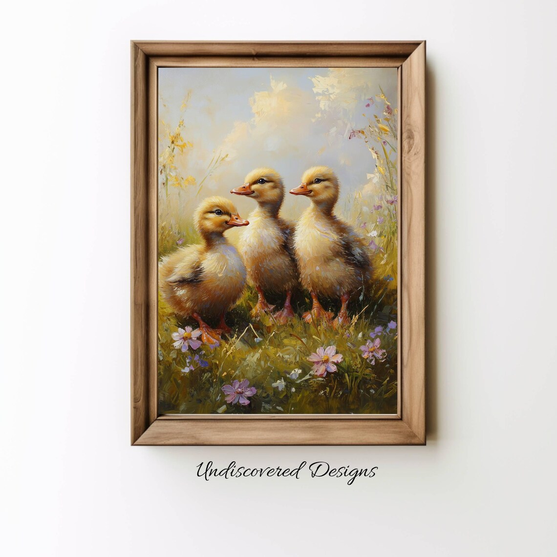 Three Fluffy Ducklings Vintage Style Meadow Oil Painting Art Poster