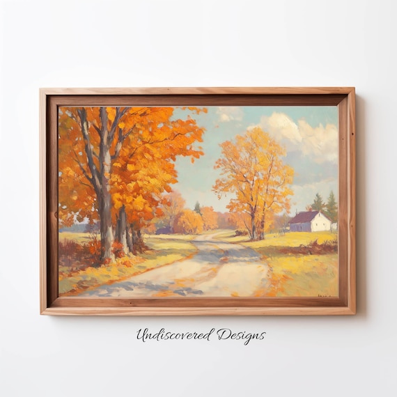 Golden Autumn Country Road Vintage Fall Landscape Oil Painting Print
