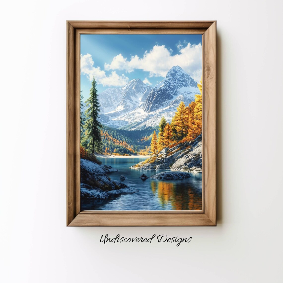 Snow Capped Mountain Lake With Golden Autumn Trees Art Print