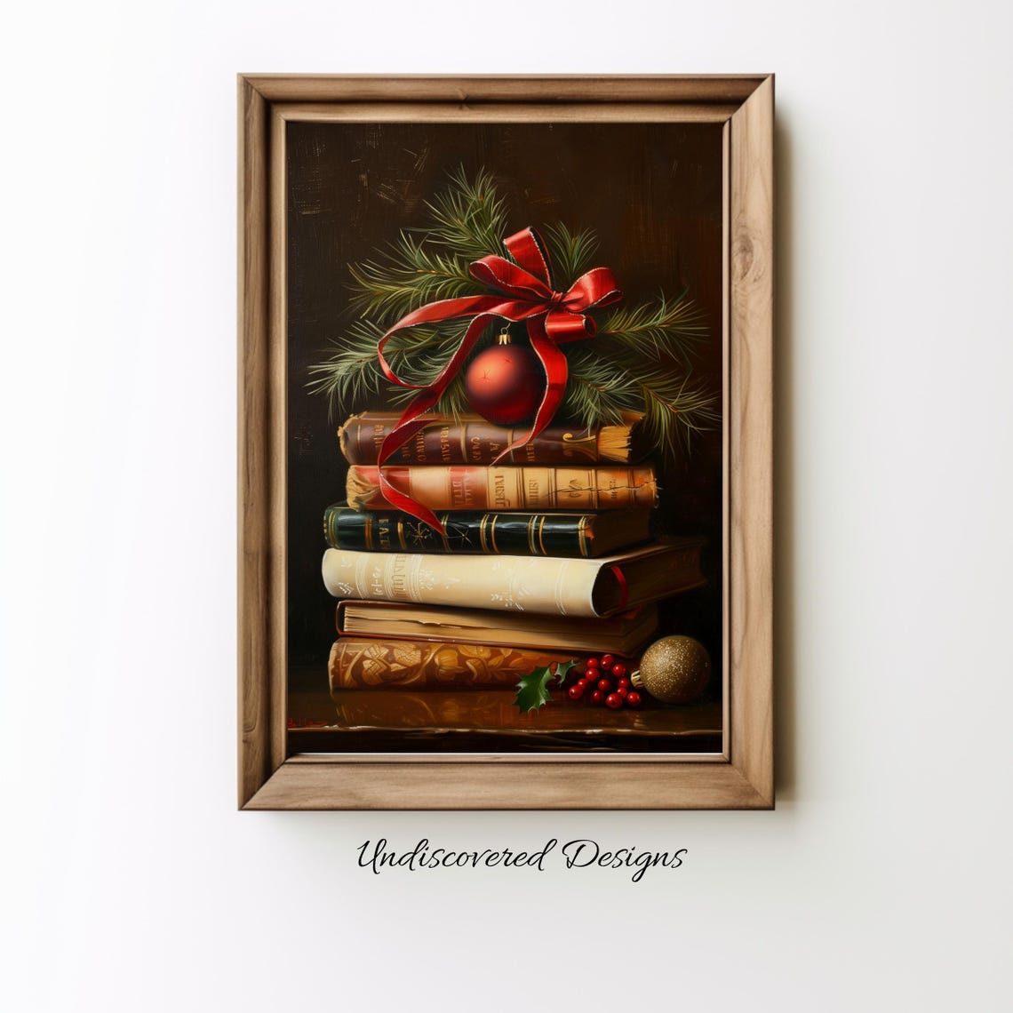 Stack of Books with Christmas Tree Vintage Holiday Decor Poster